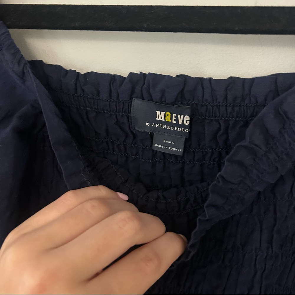 Anthropologie Maeve Bree Milkmaid Shirred Puff Sleeve Navy Blue Top - Picture 4 of 5